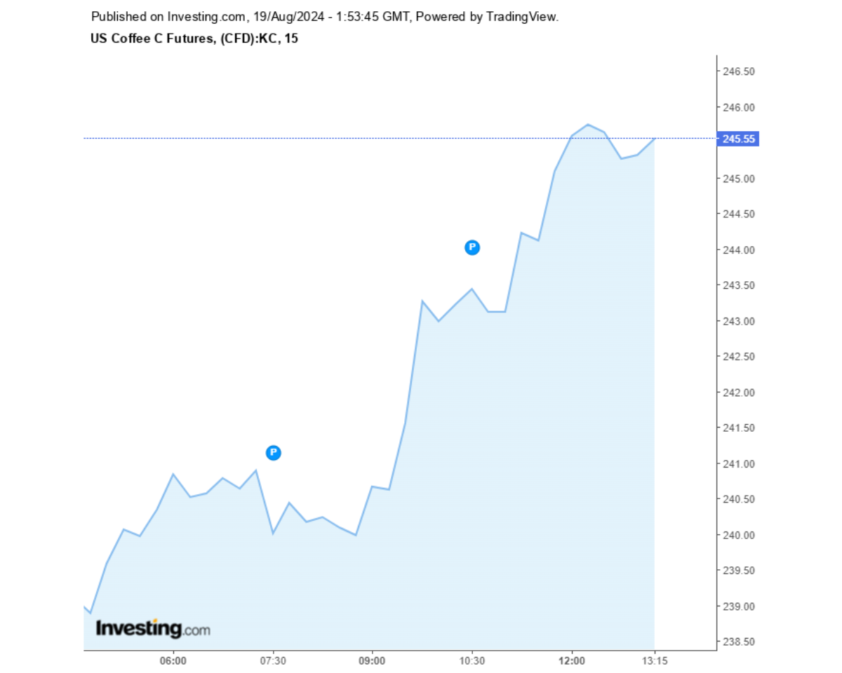 Biểu đồ giá cà phê Arabica sàn New York ngày 19/08/2024