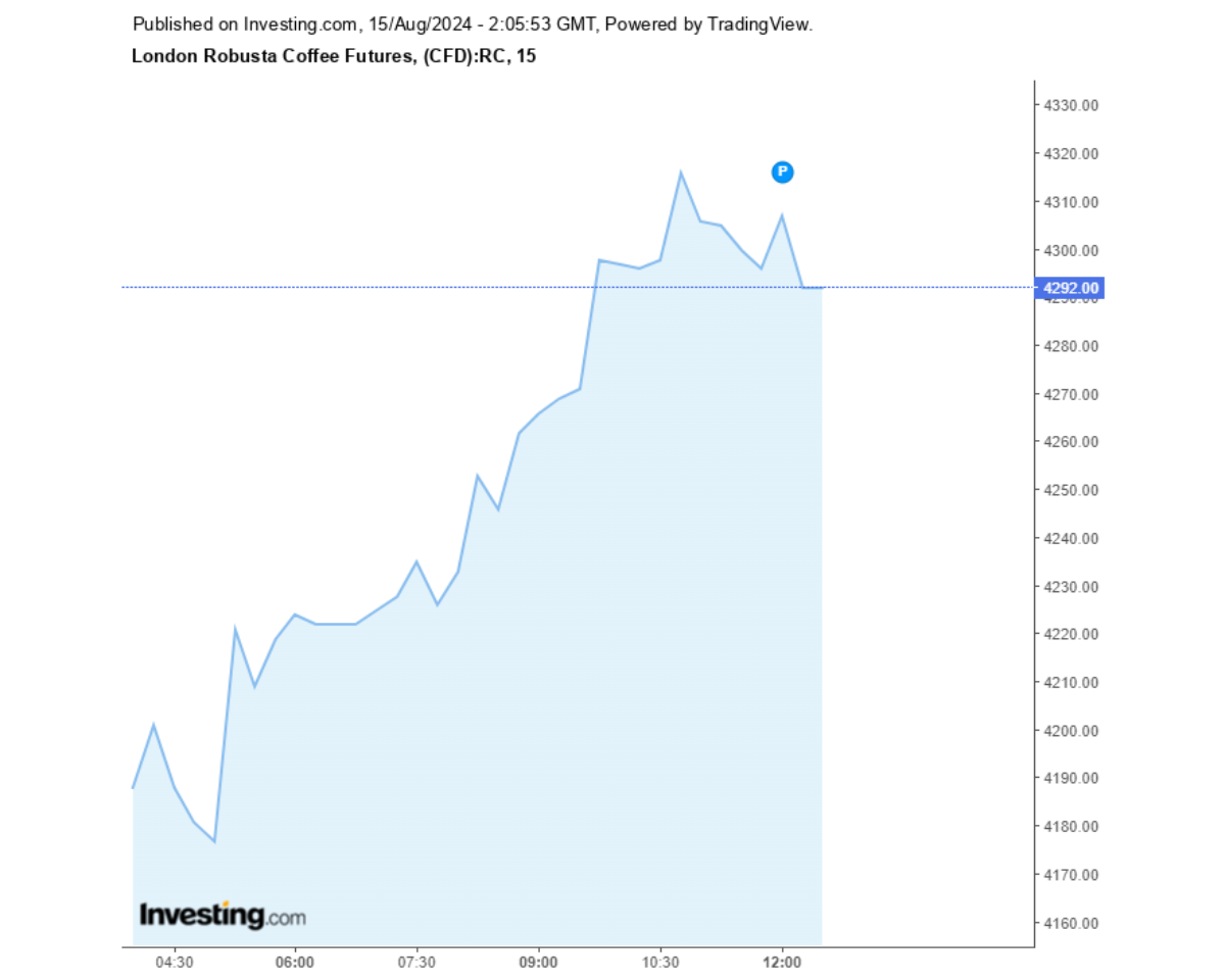 Biểu đồ giá cà phê Robusta sàn London ngày 15/08/2024