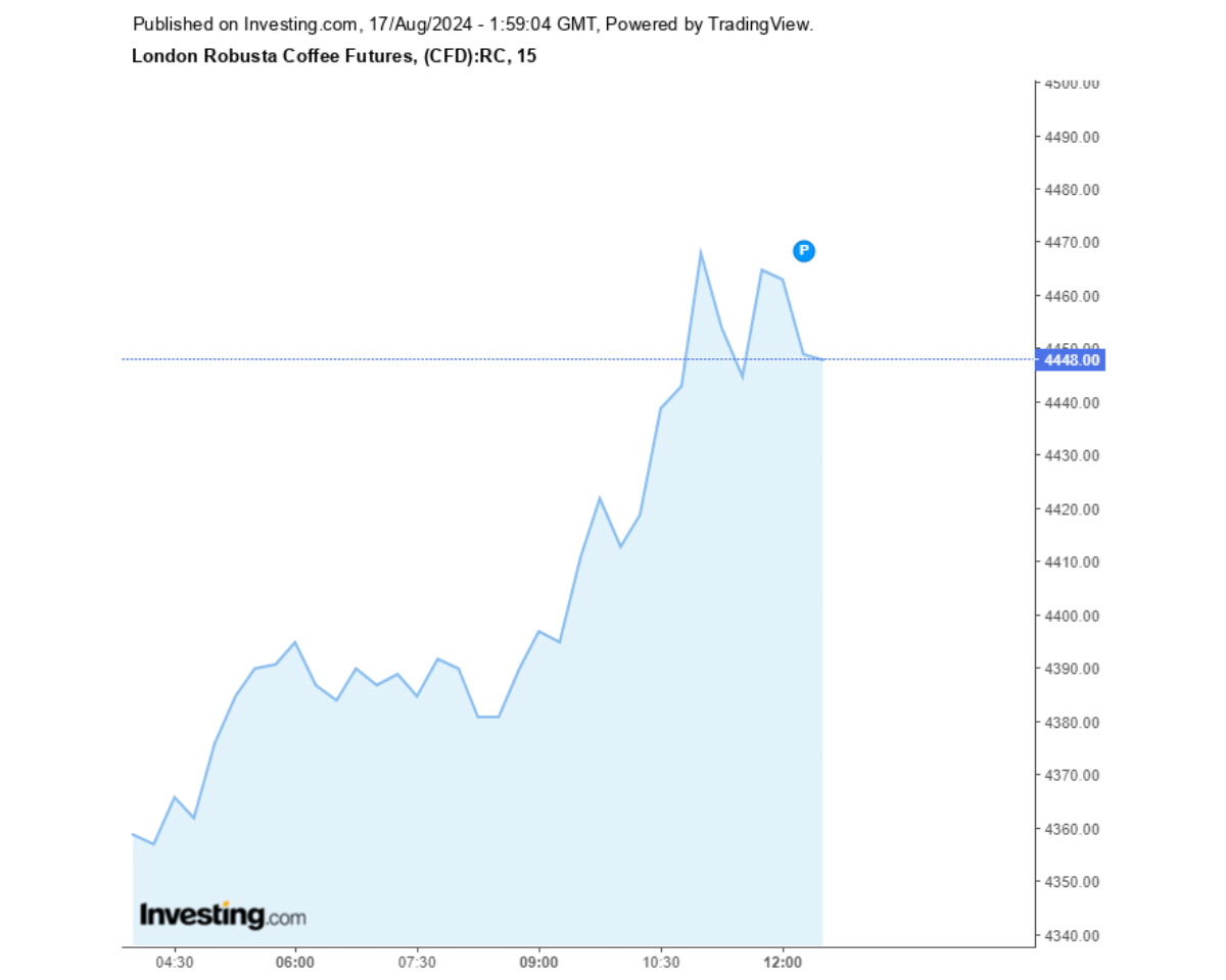 Biểu đồ giá cà phê Robusta sàn London ngày 17/08/2024