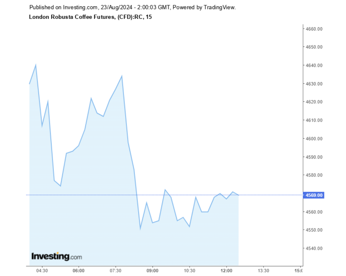 Biểu đồ giá cà phê Robusta sàn London ngày 23/08/2024