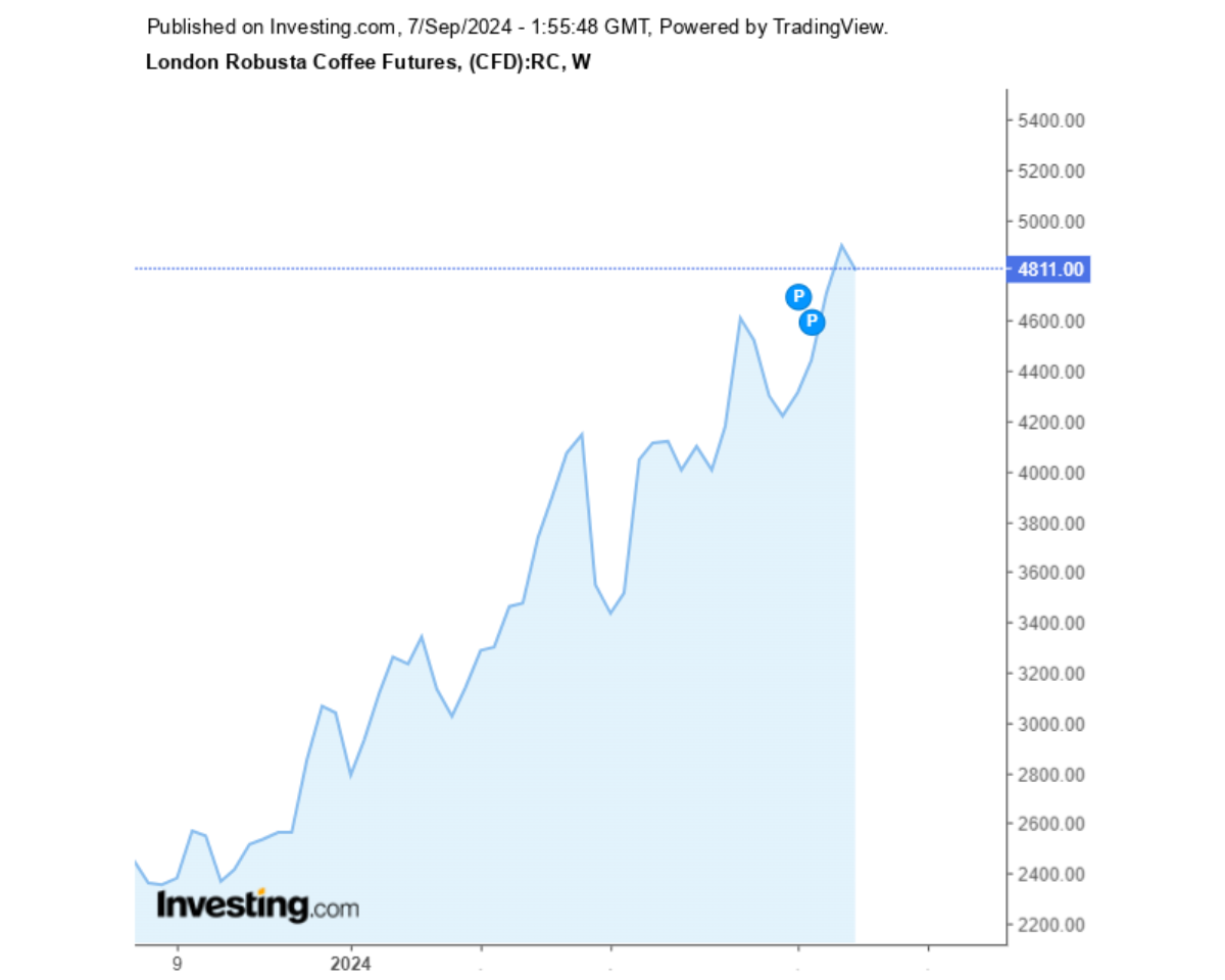 Biểu đồ giá cà phê Robusta sàn London ngày 07/09/2024