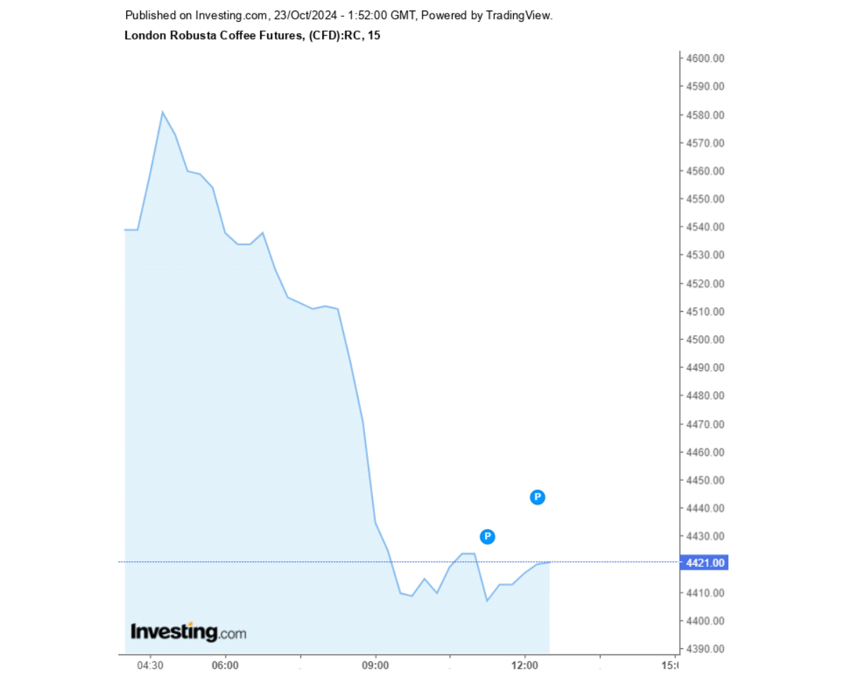 Biểu đồ giá cà phê Robusta sàn London ngày 23/10/2024