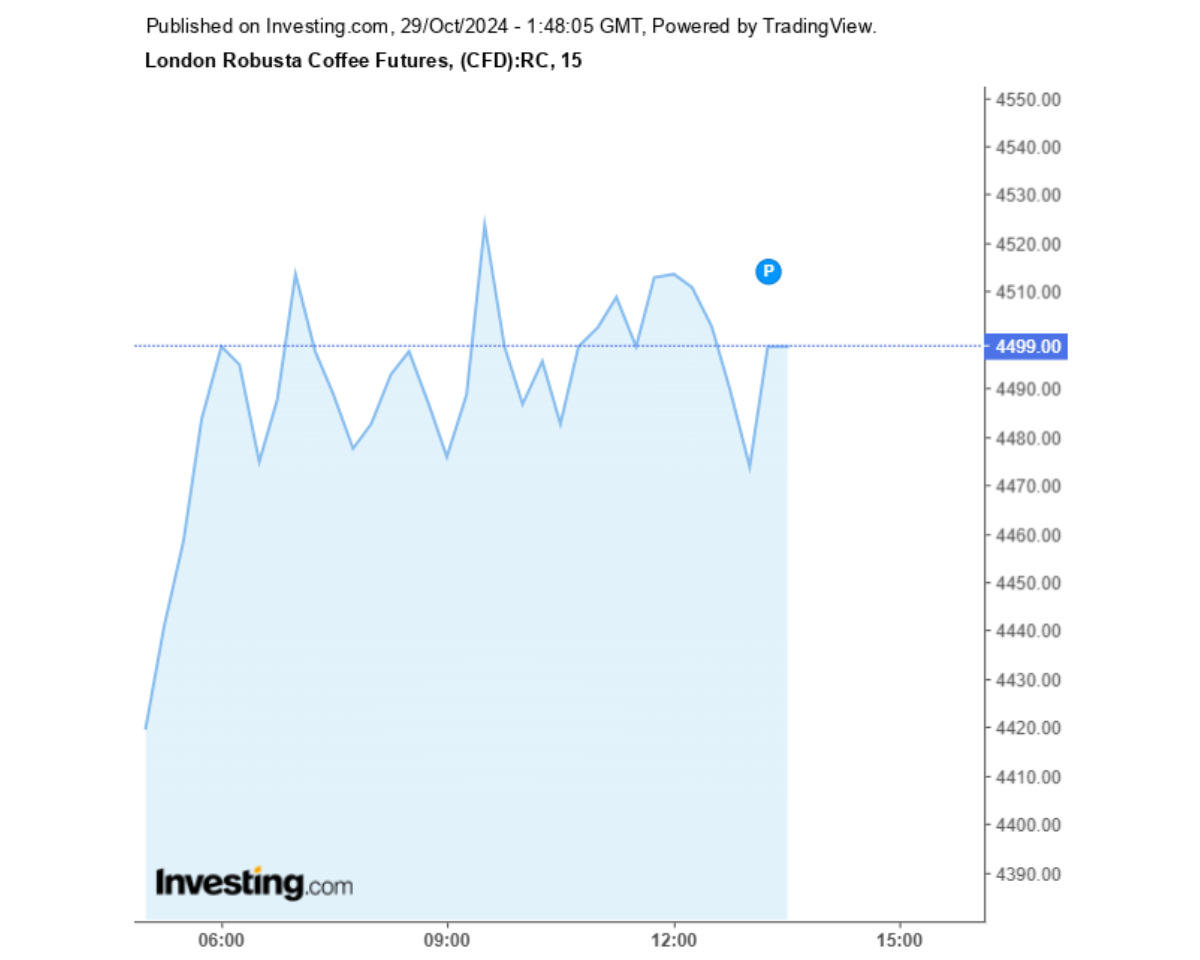 Biểu đồ giá cà phê Robusta sàn London ngày 29/10/2024