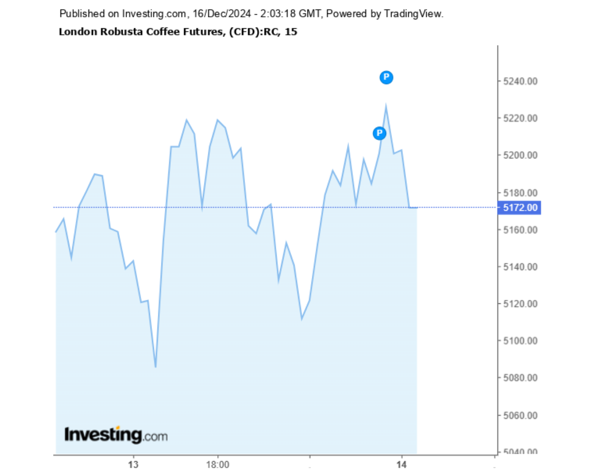 Biểu đồ giá cà phê Robusta sàn London ngày 16/12/2024